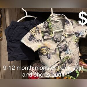 9-12 month Monster Truck button up shirt and shorts set